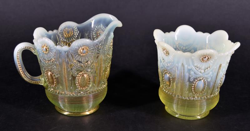 Northwood Vaseline Opalescent Jewel & Flower: Featuring Two Pieces Of Northwood Vaseline Opalescent Jewel And Flower Pattern. A Creamer And Spooner, Measuring 4" Tall And 4" To 5.5" Across. Both Pieces Are In Very Nice Condition, No Nicks, Chips 
