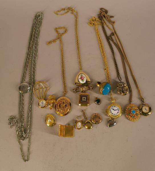 Collection Of Lockets & Watches: Consisting Of Vintage And Contemporary Lockets In Necklaces And Rings. Together With Several Pin And Necklace Watches.