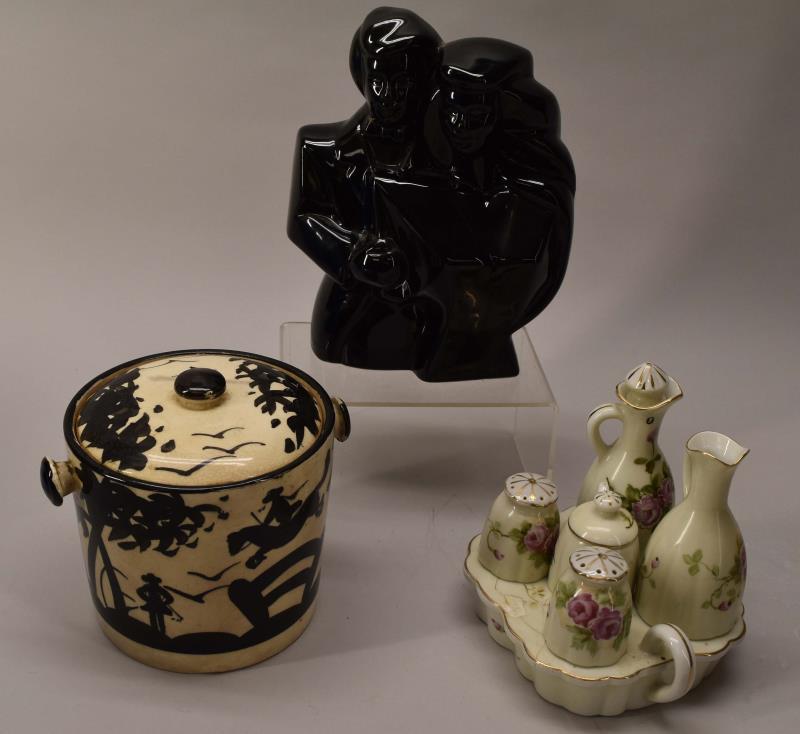 Japan And Occupied Japan Items: Consisting Of A Cowboy Biscuit Jar Marked Made In Japan, Missing Handle. Together With An Occupied Japan Cruet Set With The Holder Repaired And The Lid To The Oil/vinegar, Missing One Of The Lids. Alo