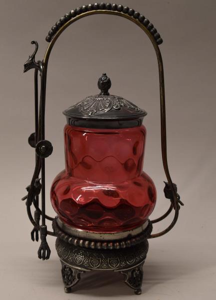 Cranberry Thumbprint Silver Plate Pickle Caster (1 of 4)