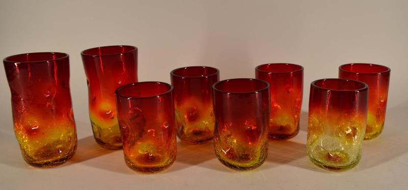 Blenko? Amberina Crackle Glass Pinched Tumblers 8 (1 of 5)