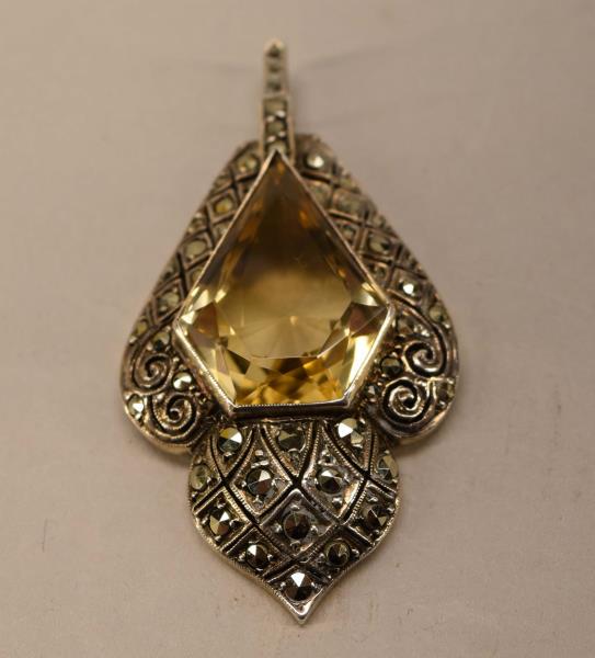 Germany Art Deco Sterling & Citrine Pendant: Featuring A Stunning German Sterling Marcasite And Citrine Pendant. The Pendant Measures 2" Long & 1" Across. The Citrine Measures 21.7mm Long, 18mm At The Widest Point And 9.3mm Deep, Approximately 1