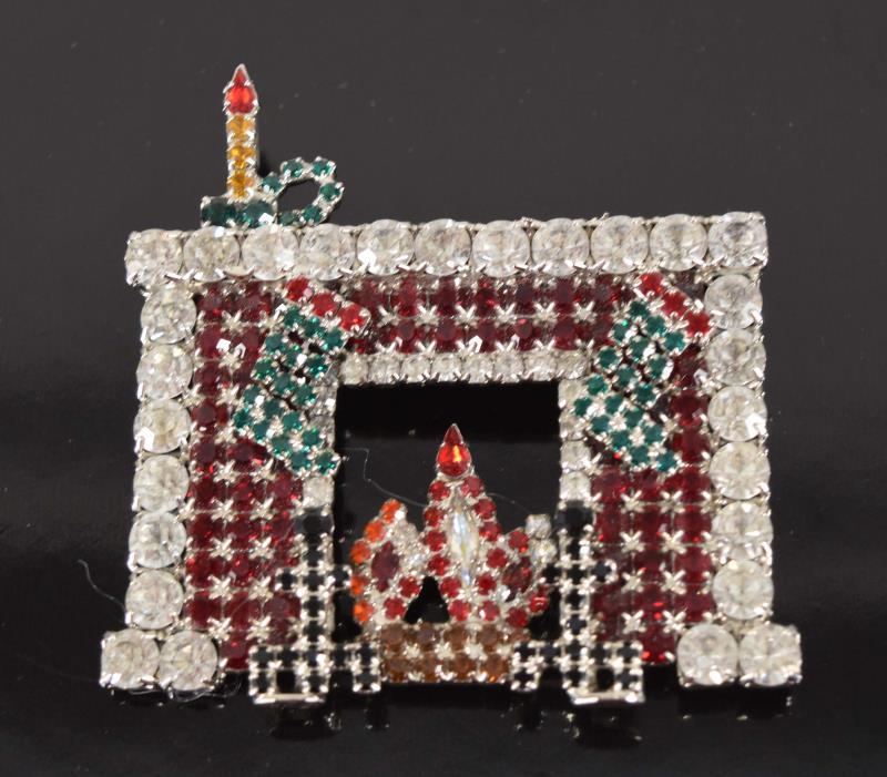 Bauer Christmas Fireplace Pin: Featuring An Unusual Christmas Pin Depicting A Fireplace With Candles And Stocking. Measuring 3" Across And 3" Tall, Marked Bauer.