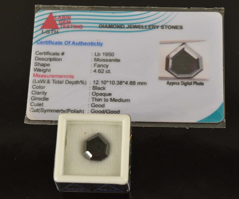 Black Diamond Moissanite 4.62ct: Featuring A 4.62ct Loose Black Moissanite Diamond In A Fancy Cut, With Original Certificate, Never Opened Seal Unbroken.