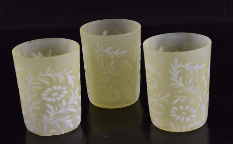 Set Of Three Vaseline Glass Fern & Daisy Tumblers (1 of 4)