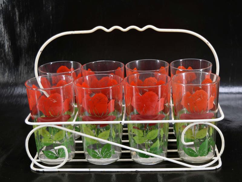 Mid Century Anchor Hocking Glassware & Carrier: Featuring Eight Anchor Hocking Rose Floral Glasses In A Metal Carrier From The 1960's. The Glasses Measure 4.75" Tall And 2.75" Across. The Carrier Measures 11" Long, 7.5" Wide And 6" Deep. All The Gl
