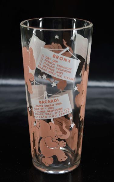 Vintage Hazel Atlas Dancing Pink Elephant Shaker: Featuring A Vintage Hazel Atlas Cocktail Shaker Depicting Dancing Elephants And Various Cocktail Recipes. The Shaker Measures 8.25" Tall, 3" Across The Bottom, Tapering Up To 3.75". Missing The Strain