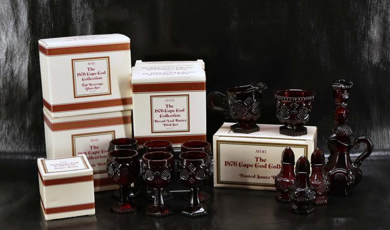 Avon Cape Cod Ruby Red Glassware: Featuring The Avon Cape Cod Ruby Red Glassware. Consisting Of Six 4.5" Wine Glasses, Footed Sauce Boat, Candy Dish, Tall Beverage Glass Set, Cream & Sugar, Salt And Pepper, Cruet , Sugar Bowl And 3 Se