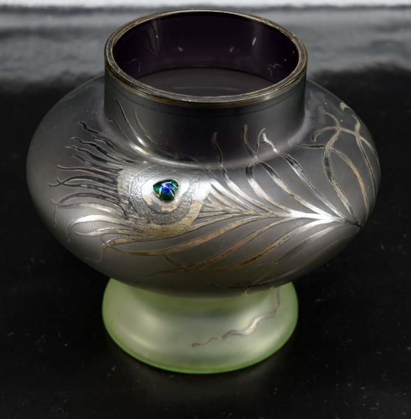Art Nouveau Peacock Featuring Etched Glass Vase: Featuring An Art Nouveau Blown Glass Vase In The Style Of Carl Goldberg With An Etched Peacock Feather. The Vase Measures 6.75" Tall And 7.25" Wide, No Nicks Chips Or Cracks, Wear To The Etched Feathe