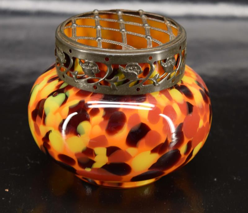 Czech Spatter Art Glass Flower Frog: Featuring A Spatterware Made In Czechoslovakia Art Glass Flower Frog And Vase. Measuring 4" Tall And 4.25" Across. In Excellent Condition, No Nicks, Chips Or Cracks.