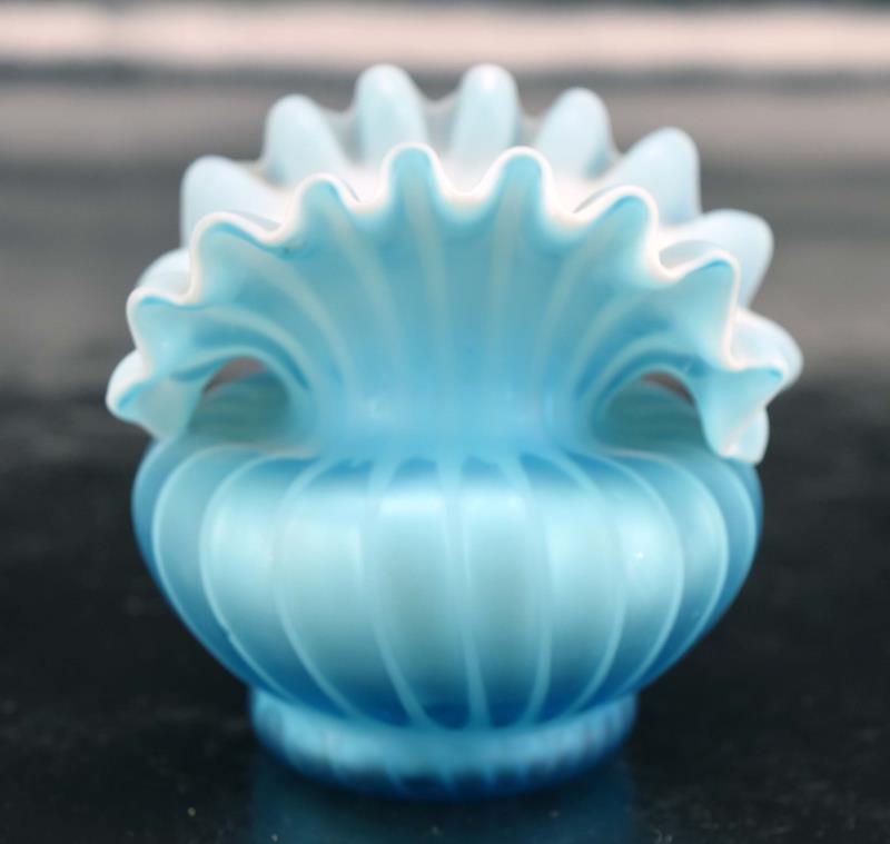 Webb? Striped Mop Quilted Satin Glass Vase: Featuring A Vertical Striped Mother Of Pearl Satin Glass Vase. Measuring 3" Tall And 3" Across, In Original Condition. There Is A Spot On One Side Which Is Missing The Glass Overlay And A Ground Ponti