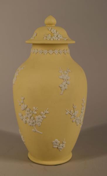 Wedgwood Yellow Jasperware Primrose Urn: Featuring The Wedgwood Yellow Primrose Jasperware Urn Measuring 8.5" Tall And 4.5" Wide. In Very Good Condition, No Nicks, Chips Or Cracks. It Does Look Like A Pencil Was Stored Inside And Has Marks.