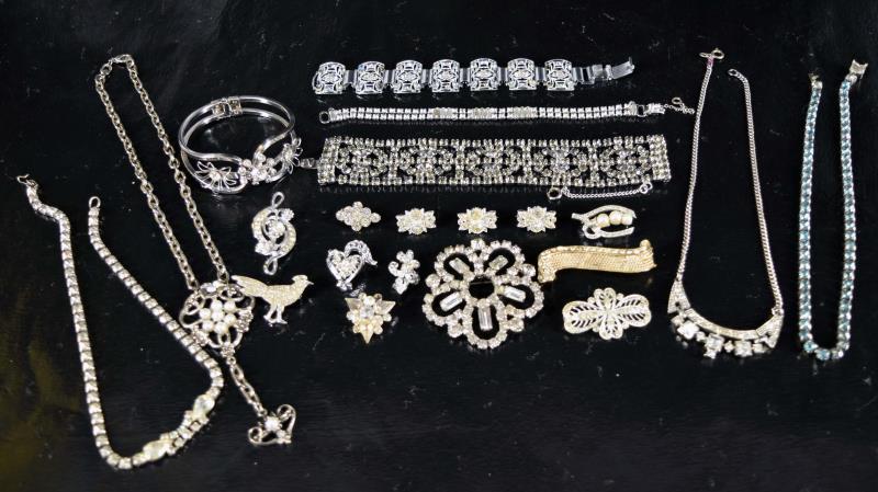Collection Of Rhinestone Jewelry: Featuring Bracelets, Pins And Necklaces. The Wide Bracelet Has The Clasp Release Missing, No Other Missing Or Damaged Items. There Are Twelve Pins, Four Bracelets And Four Necklaces. No Hallmarks.