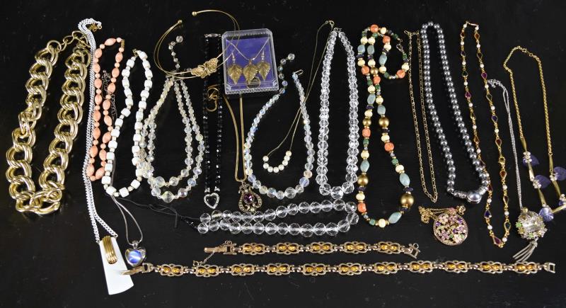 Group Of Vintage And Contemporary Necklaces: Featuring Glass, Plastics, Chains, Wire Butterfly Necklace And More. Including A Yellow And Goldtone Barclay Necklace And Bracelet, Avon Necklace, Monet And A String Of Faceted Glass Beads.