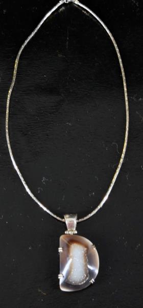 Milor Italy Sterling Silver Omega & Druzy Quartz: Featuring A Milor Italy Sterling Silver Omega Necklace With A Druzy Quartz Pendant. The Necklace Measures 14" Long And The Pendant Measures 2" Long & 1" Wide. Good Condition, Needs Polished.