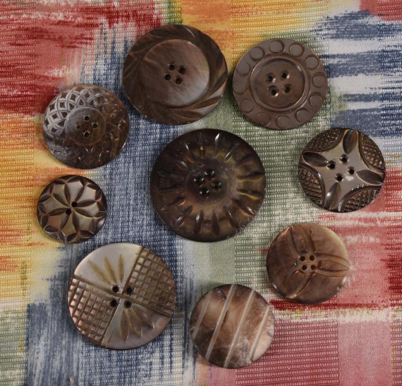 Group Of Carved Abalone Buttons: Consisting Of Nine Abalone Buttons. National Button Society -large And Medium Measuring 1-1/2",1" And 1-1/4"