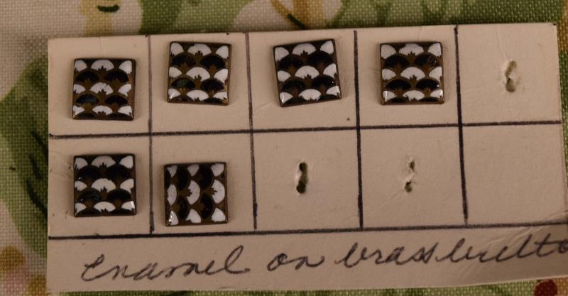Square Enamel Champleve Buttons: Featuring Six Square Enamel Champleve Buttons In White And Black Fan Shapes. National Button Society Small But Measures 3/8" Which Would Be Considered Dimi But Because They Are Square And Do Not Pass