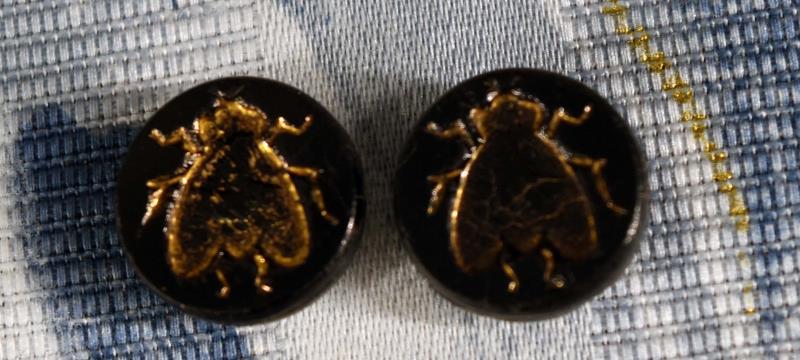 Two Black Glass And Gilt Insect Fly Buttons: Featuring Two Black Glass Buttons With Gold Gilt Etched Flies. National Button Society, Small Measuring 1/2"