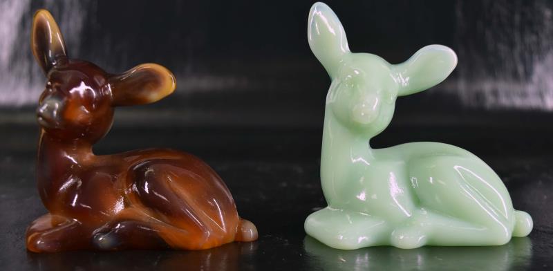 Two Mosser Glass Deer Figurines: Featuring A Brown Slag Glass And A Green Glass Deer Figures Both With The Mosser Glass Hallmark. Measuring Just Over 3" Tall, 3.5" Long And 2" Wide. In Good Condition, No Nicks, Chips Or Cracks.