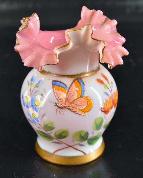 Bohemian Cased Hand Painted Vase: Featuring A Ruffled Edge And Hand Painted Enamel Butterfly And Flowers. Measuring 5" Tall And 3.5" Across. Wear To The Butterfly Wings, The Pontil Is Rough And The Gold Gilt Looks Repainted. No Chips 