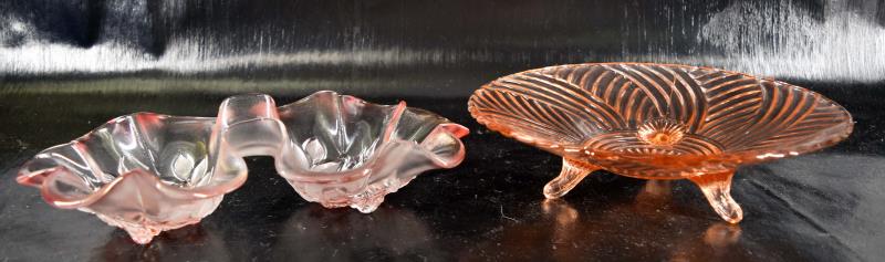 Pink Depression Glass Prismatic Swirl Bowl: Featuring A Three Footed Pink Depression Glass Prismatic Line Swirl Bowl, Measuring 2.5" Tall And 9.75" Across. In Good Condition, No Nicks, Chips Or Cracks. Together With A Double Bowl Rose Decorated