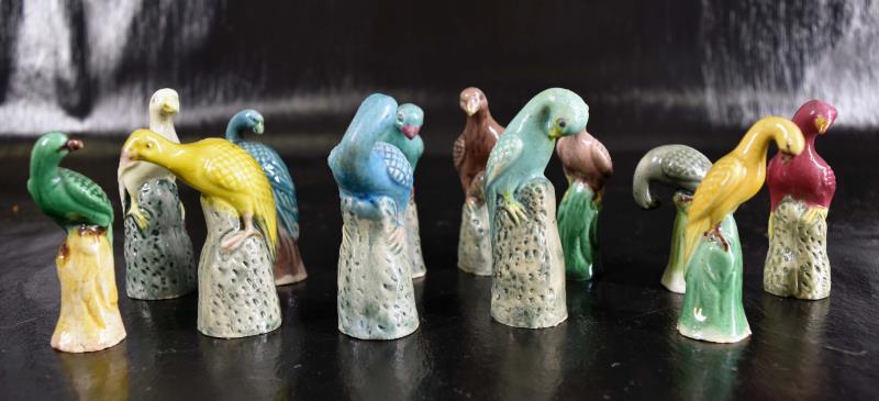 Twelve Chinese Miniature Porcelain Birds: Featuring Twelve 3" Pottery /porcelain And Enamel Birds. In Various Colors, All In Good Condition, No Nicks, Chips Or Cracks.