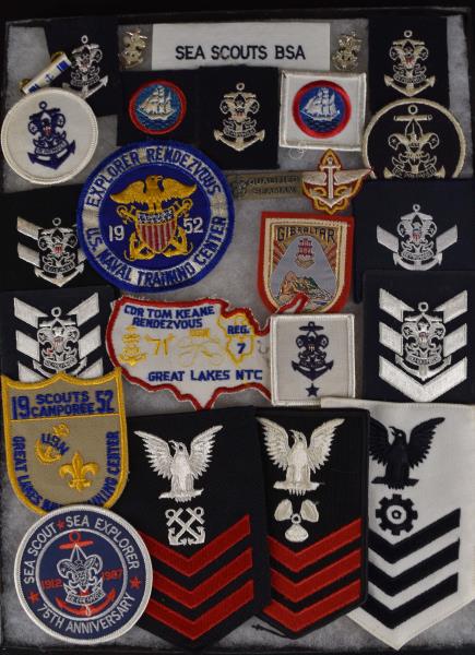 Boy Scouts Of America Sea Scouts Patches: Featuring A Group Of Boy Scouts Of America Of Sea Scout Patches And Pins. All In Good Condition, With Tray.