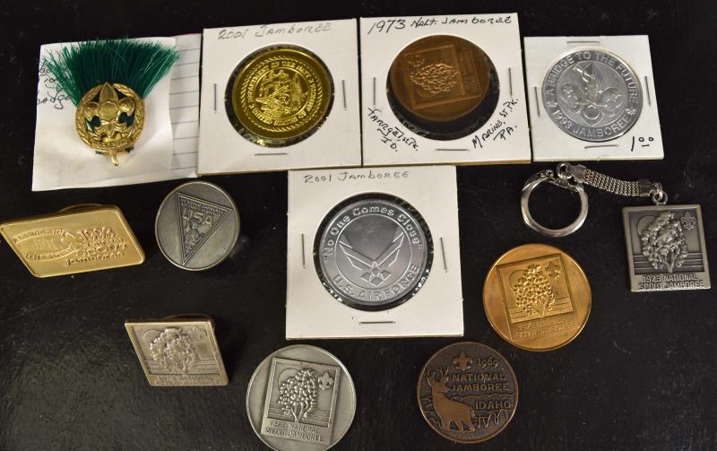 Boy Scouts Of America Jamboree Souvenirs: Featuring Kerchief Slides Or Holders, Pin Backs, Key Rings, Tokens And Green Plume Badge.