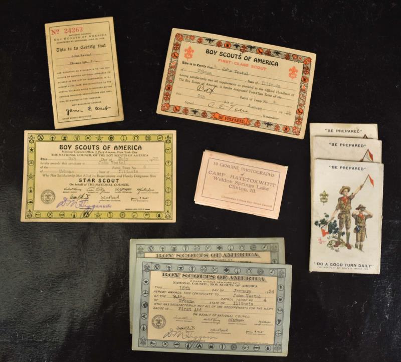 Boy Scouts Of America Ephemera: Featuring Member Cards From 1930's, 1926-1930 Small Souvenir Photos From Camp Hatetokwitit In Clinton, Illinois And Various Merit Badge Cards.
