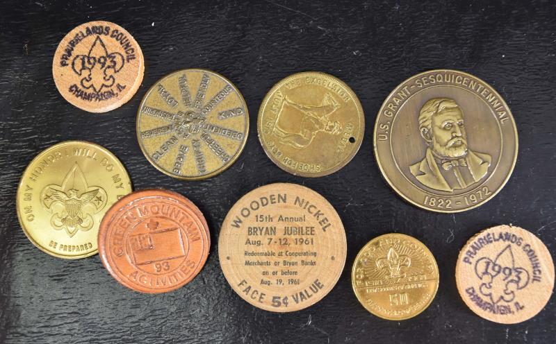 Boy Scouts Of America Tokens & Wood Nickels: Featuring A Group Of Five Brass Tokens And Three Wooden Nickels And A Green Mountain Activities Pin.