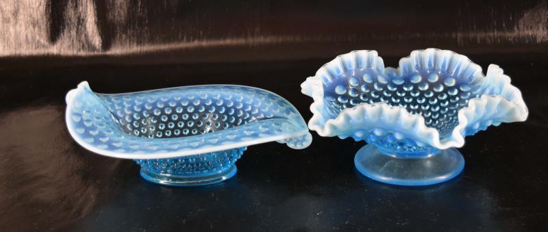 Fenton Blue Opalescent Hobnail Bowls: Featuring A Fenton Blue Opalescent Pedestal Bowl And An Oval Blue Opalescent Bowl. The Pedestal Bowl Measures 3.5" Tall And 8" Across. The Oval Bowl Measures 3.25" Tall, 8.5" Long And 8" Wide. Both Ar