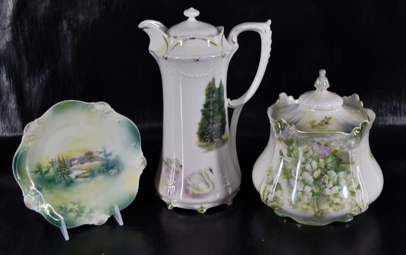 R S Prussia Floral Biscuit Jar: Featuring The Red Mark R S Prussia Lustre And Floral Biscuit Jar, Measuring 7" Tall And 6" Across. In Good Condition, No Nick, Chips Or Cracks. Together With A Red Mark R S Prussia Swan Chocolate Pot