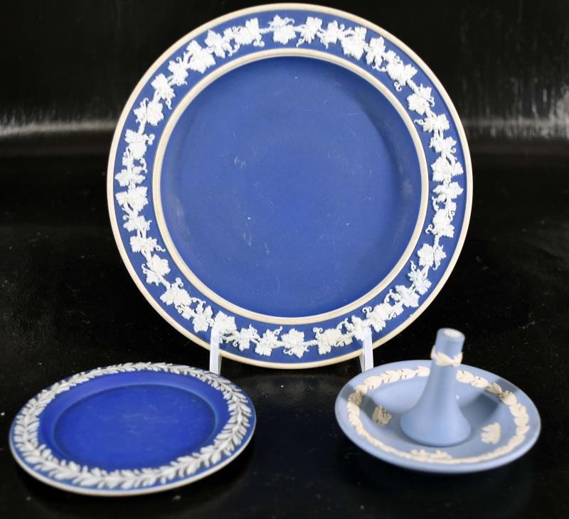 Three Pieces Of Wedgwood Blue Jasperware: Featuring A 6.25" Plate, A 3.5" Plate Or Coaster And A Ring Tray. All Marked Wedgwood And In Good Condition, No Nick, Chips Or Cracks.