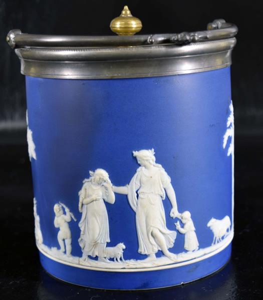 Wedgwood Blue Jasperware Biscuit Jar: Featuring The Wedgwood Blue Jasperware Biscuit Jar, Circa 1870. Measuring 6" Tall And 6" Across, In Good Condition, No Nicks, Chips Or Cracks.