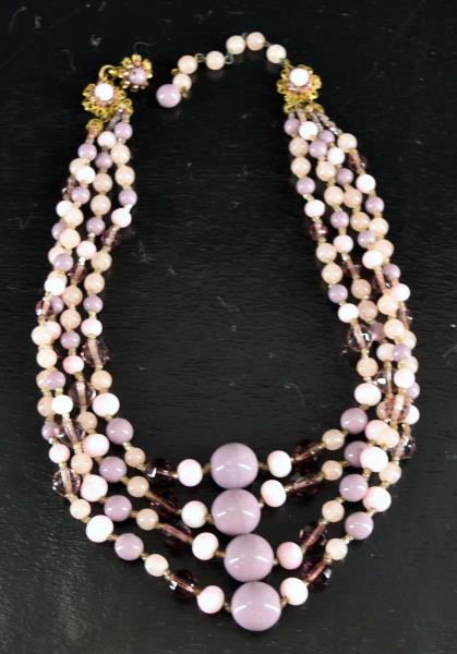 Vintage Miriam Haskell Lavender & Pink Necklace: Featuring A Vintage Miriam Haskell Lavender And Pink Four Strand Necklace. Adjustable From 14" To 16" Long. In Good Condition.