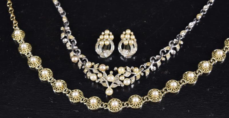 Vintage Crown Trifari And Coro Necklaces: Featuring A Crown Trifari Necklace And Earring Set, Measuring 15" On The Necklace And 1" On The Earrings. The Necklace Has Several Small Faux Pearls Missing, The Earrings Do Not. Together With A Vinta