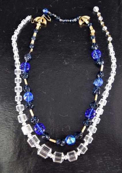 Vintage Trifari Blue & Black Glass Necklace: Featuring A Vintage Trifari Blue And Black Glass Necklace With Brushed Gold Spacers And Clasp. Together With A Crystal Glass Faceted Bead Necklace, Unmarked. Both Measure 18" Long With The Extension.