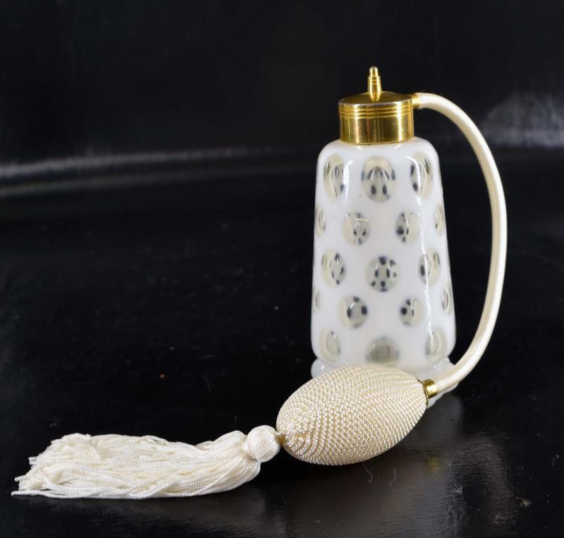 Fenton White Opalescent Coin Spot Perfume Atomizer: Featuring The Fenton White Opalescent Coin Spot Perfume Atomizer, Measuring 5.5" Tall And 2.5" Across, The Atomizer Is Working And In Good Condition.