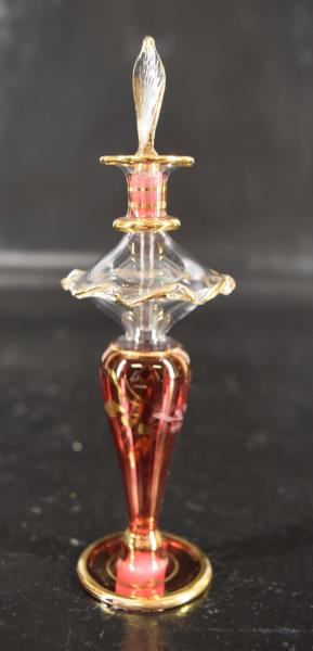 Egyptian Art Glass Perfume Bottle: Featuring A Red And Gold Egyptian Art Glass Perfume Bottle Measuring 5.5" Tall And 1.5" Across The Skirted Top. Excellent Condition, Dauber Intact.