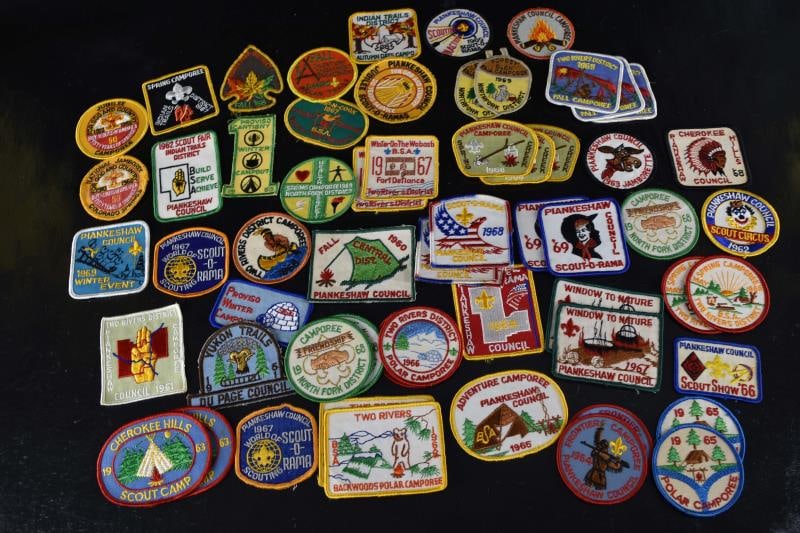 1960's Group Of 50+ Boy Scout Badges Or Patches: Featuring A Group Of Over 50 Boy Scout Patches, Dating Between 1960-69. Various Camps, Trails, Activities And Events.