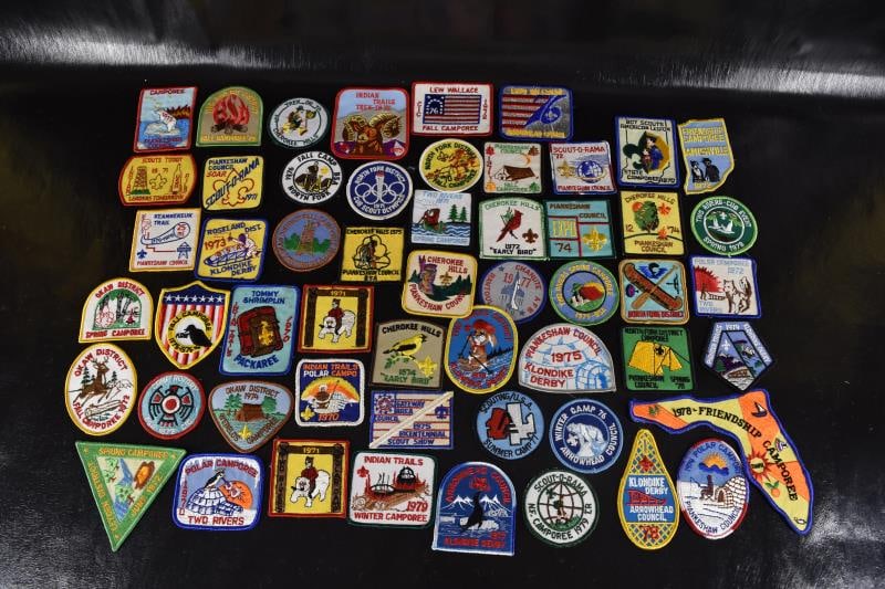 1970's Group Of 50+ Boy Scout Badges Or Patches: Featuring A Group Of Over 50 Boy Scout Patches Or Badges, Dating Between 1970-79. Various Camps, Trails, Activities And Events.