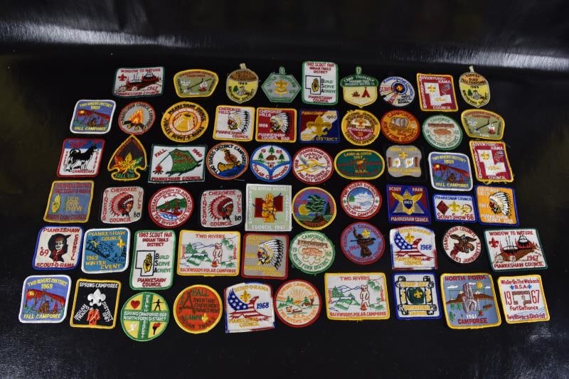 1960's Group Of 50+ Boy Scout Badges Or Patches: Featuring A Group Of Over 50 Boy Scout Patches Or Badges, Dating Between 1960-69. Various Camps, Trails, Activities And Events.