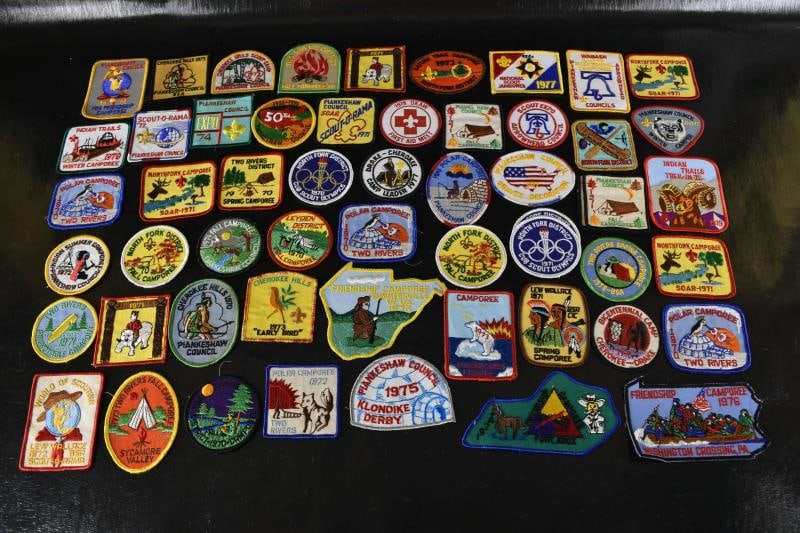 1970's Group Of 50+ Boy Scout Badges Or Patches: Featuring A Group Of Over 50 Boy Scout Patches Or Badges, Dating Between 1970-79. Various Camps, Trails, Activities And Events.