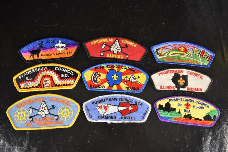 Nine Boy Scout Council Shoulder Patches: Featuring Nine Different Council Patches From Waukhoen, Piankenshaw, Arrowhead, Prairielands And National Jamboree. Various Years.