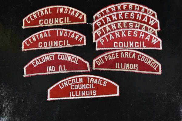 Boy Scout Red & White Council Patches: Featuring Nine Boy Scout Red And White Council Shoulder Patches, From Piankeshaw (3), Du Page Area Council Illinois, Calument Council Ind Ill, Central Indiana Council (2) And Lincoln Trails Council Il