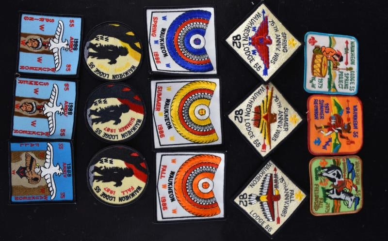 1979 & 1980's Boy Scout Order Of The Arrow Project: Featuring 1979, 1982, 1986, 1987 And 1988 Boy Scout Order Of The Arrow, Spring Project, Summer Reunion And Fall Fellowship Badges. Fifteen Badges, Featuring All Three Badges In The Sets.