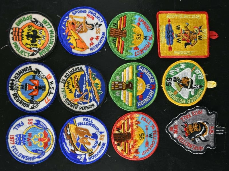 1970' Boy Scout Order Of The Arrow Project: Featuring 1973, 1974, 1976 And 1977 Boy Scout Order Of The Arrow, Spring Project, Summer Reunion And Fall Fellowship Badges. Twelve Badges, Featuring All Three Badges In The Sets.