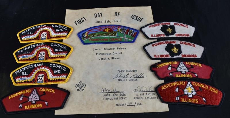 Nine Boy Scout Council Shoulder Patches: Featuring Nine Piankenshaw And Arrowhead Council Patches, Several Multiples And A 1979 First Day Issue Piankenshaw Council Patch.