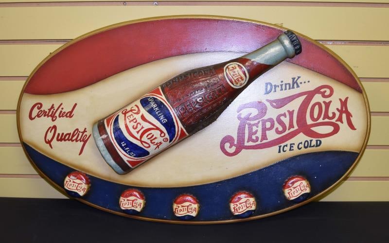 Pepsi 3 Dimensional Advertising Sign: Featuring A Pepsi 3 Dimensional Advertising Sign Of A Wood Composition, Measuring 29" X 17".