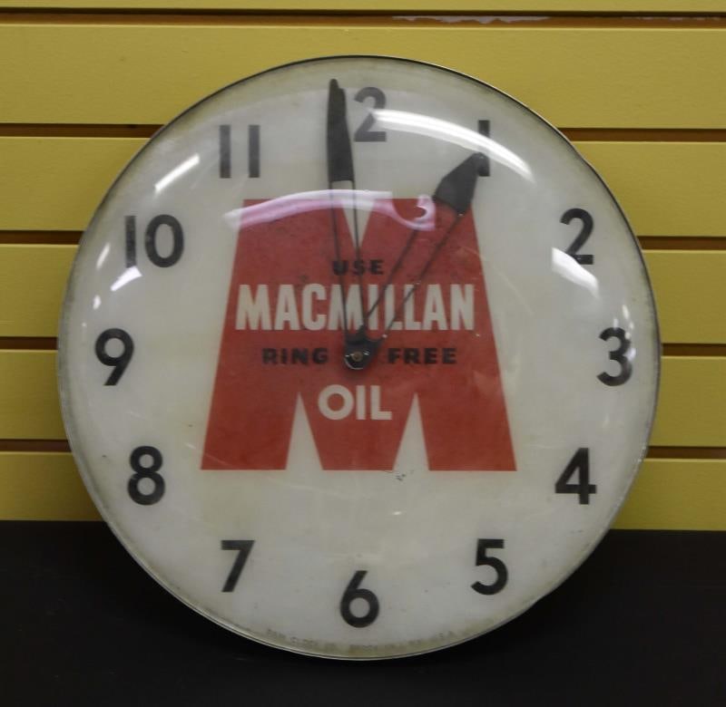 Machmillan Oil Advertising Clock: Featuring A Machmillan Oil Advertising Clock, Measuring 15" Across And 3" Deep. Needs Rewired, Popped Circuit Breaker When Plugged In.